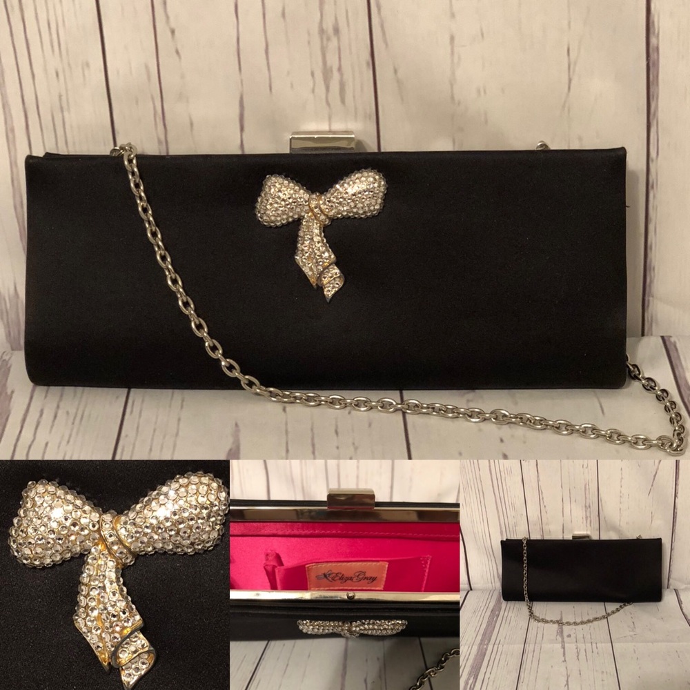 Eliza Gray Black Crystal Bow Satin Clutch